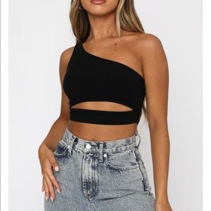 White Fox Boutique One-Shoulder Black Cutout Crop Top